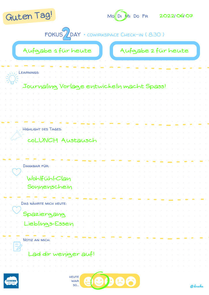 cowirkspace Journaling 'Guten Tag!' mit Ausfüll-Beispiel