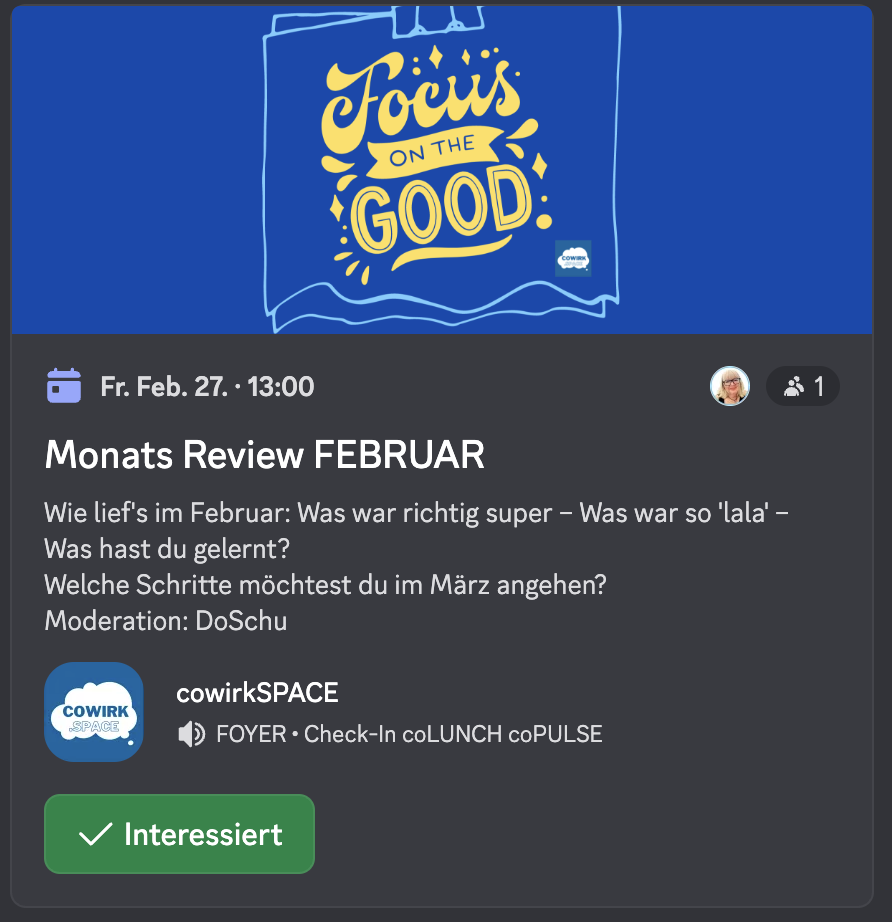 Terminankündigung Monats-Review im cowirkSPACE